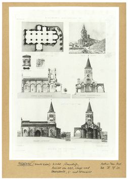 Vorschaubild Polignac: Kirche, Grundriss, Ansicht von NNO, Längs- und Querschnitt, nach Archiv. Mon. Hist. Bd. IV, Tafel 24